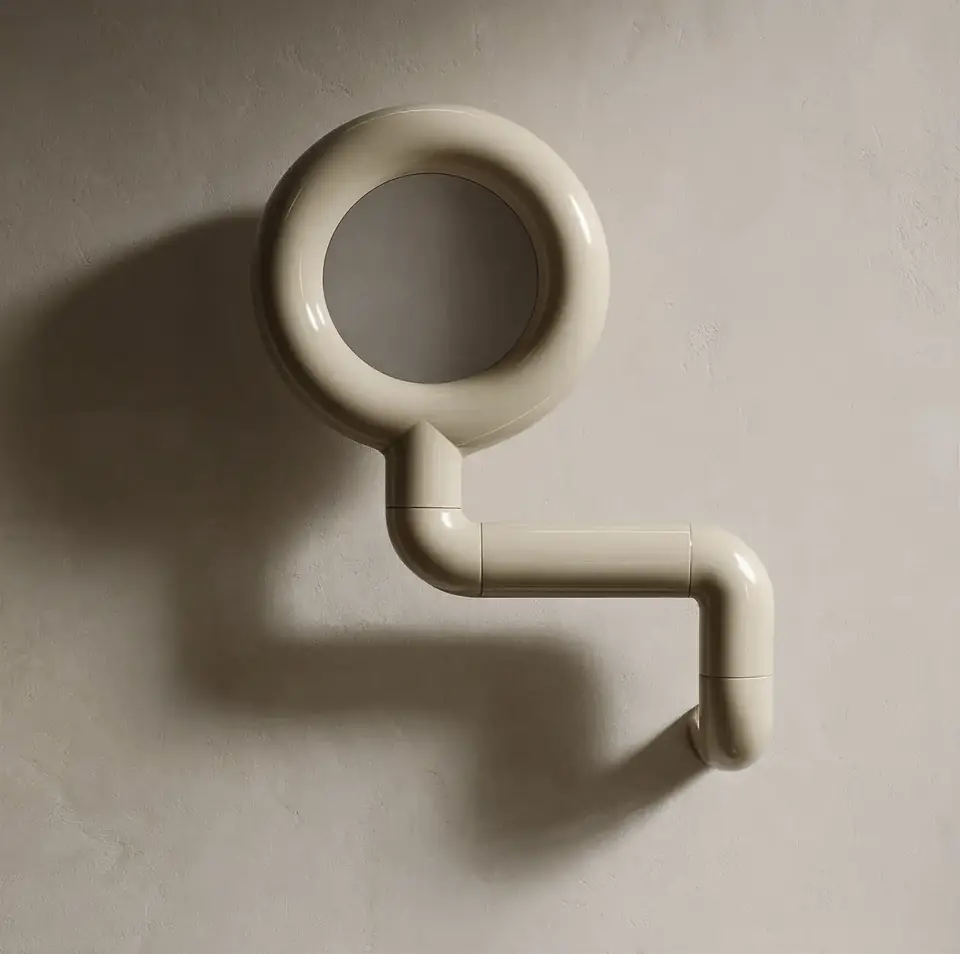 PLSTK Makeup Mirror by Brendan Tadler, a cream wall-mounted mirror with a ring frame and jointed tubular arm on plaster