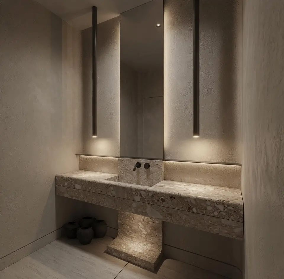 Powder room. Island Residence Renovation, private residence on Ocean Reef Island, Panama: a terrazzo floating vanity and plinth, a tall mirror, slim black pendant lights and plaster walls