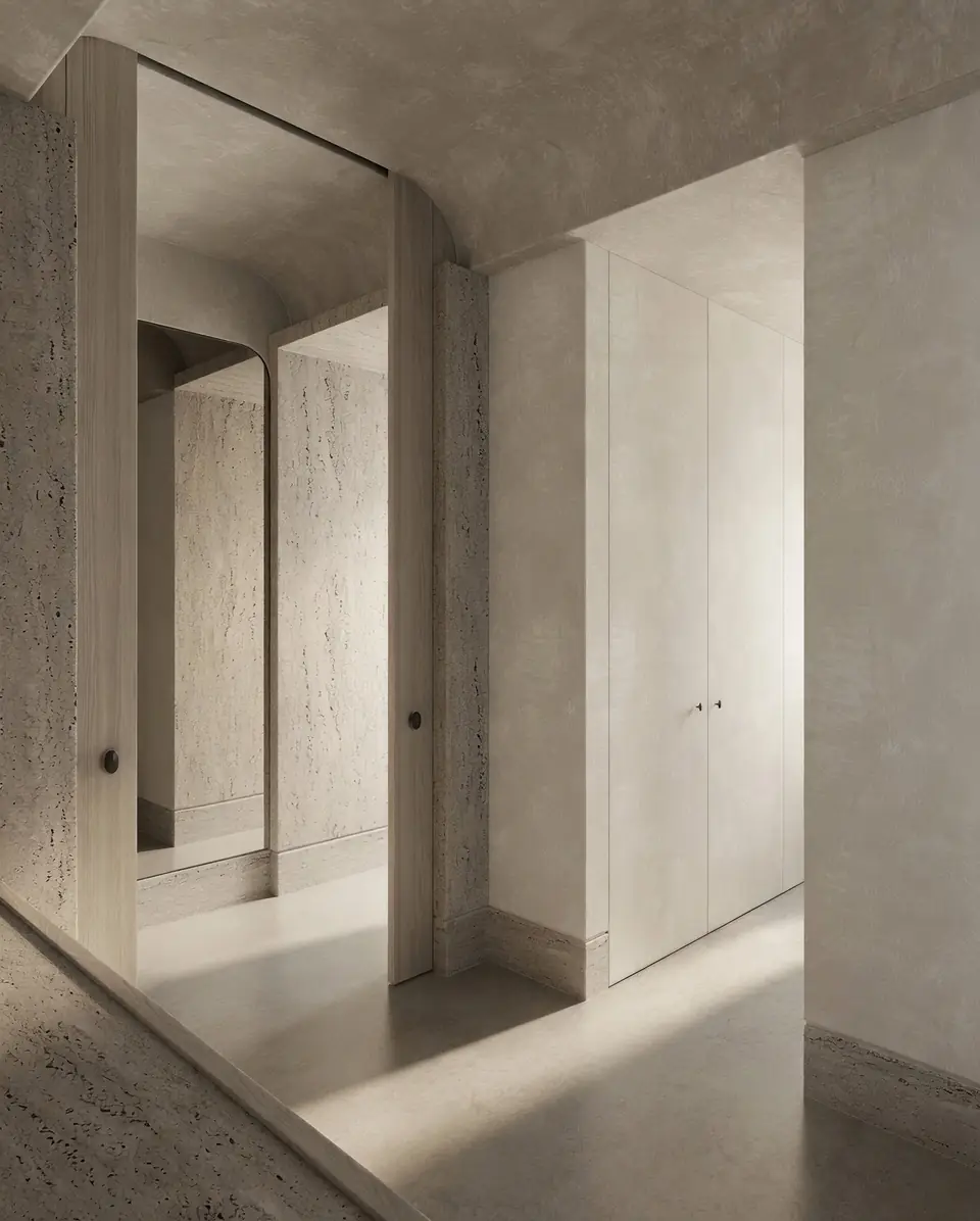 Hall. Island Residence Renovation, private residence on Ocean Reef Island, Panama: travertine walls, vaulted plaster ceilings, an arched mirror and pale wardrobes
