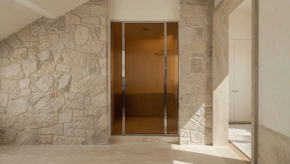 Steam shower. Midcentury Renovation, private residence in Old Westbury, NY: a fieldstone wall with an amber reeded-glass shower enclosure and travertine