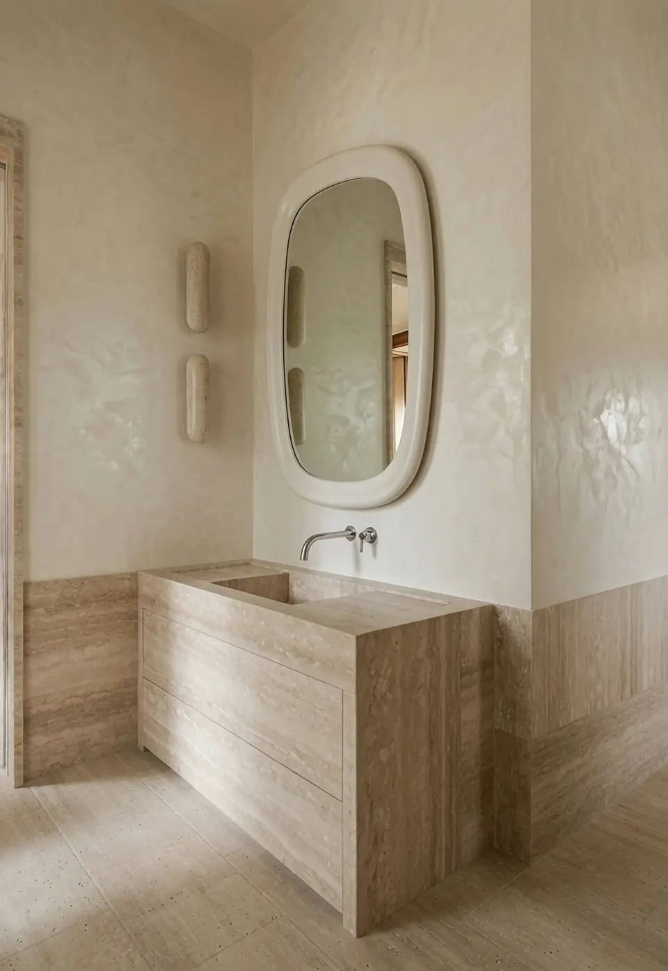Powder room. Midcentury Renovation, private residence in Old Westbury, NY: a travertine vanity, a rounded mirror, stone sconces and plaster walls