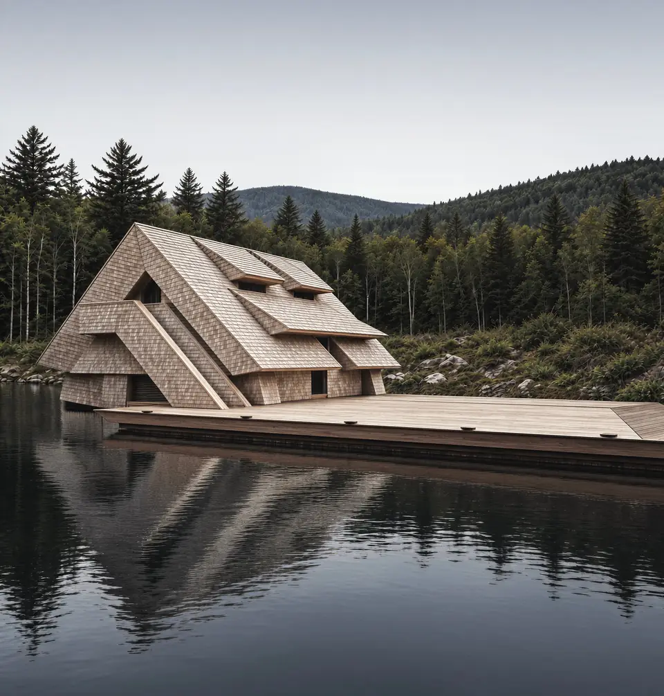 Boathouse, second view. Muskoka Modern Shingle Style, private residence on Lake Muskoka