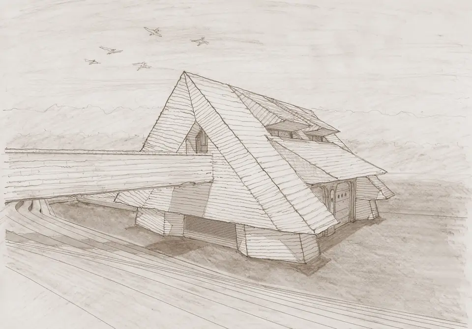 Cottage, early concept sketch, work in progress. Muskoka Modern Shingle Style, private residence in Muskoka, Ontario