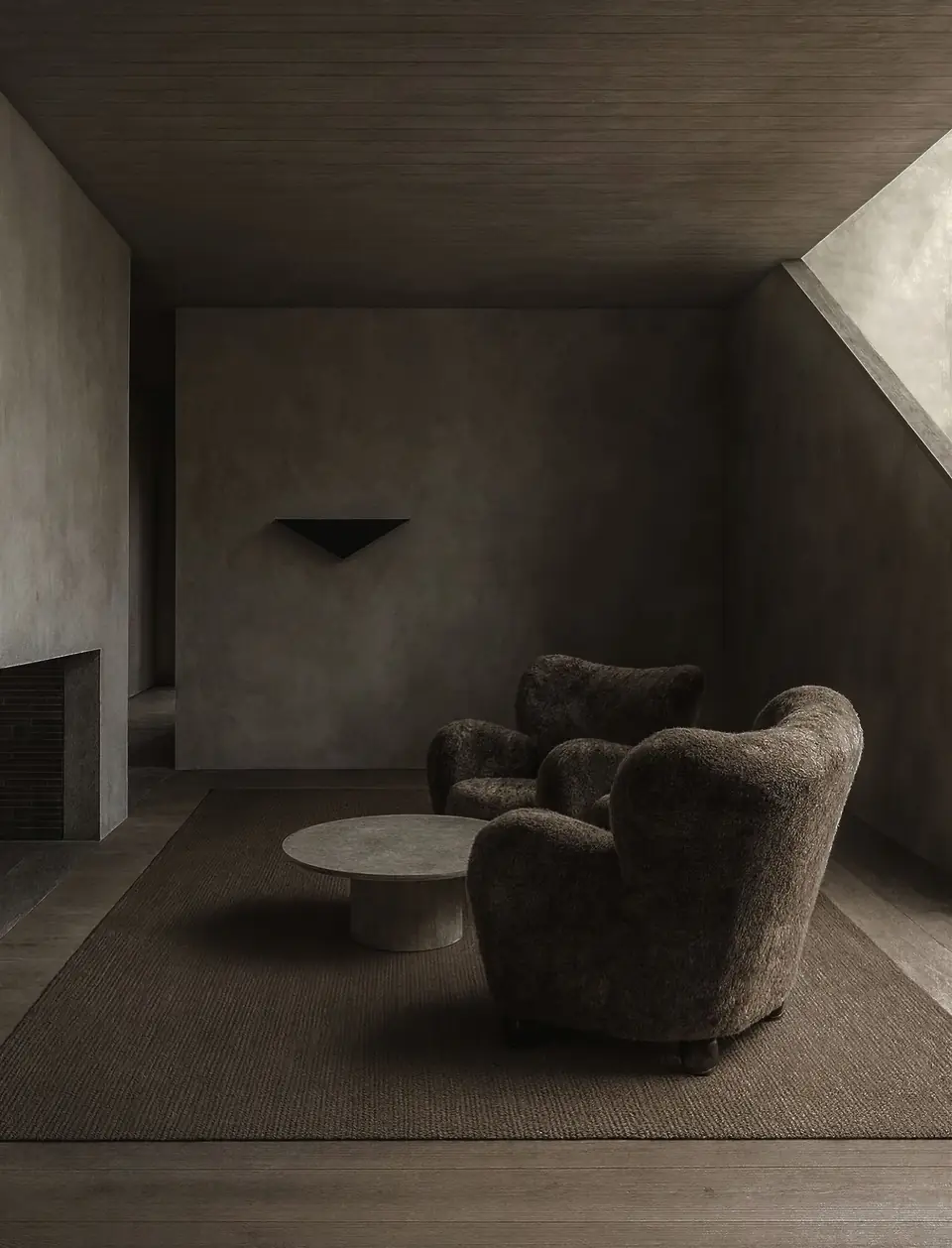 Foyer, rendering. Belgian Shingle Style, Prince Edward County: two shearling armchairs, a round stone table, plaster walls and a fireplace