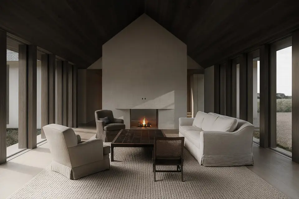 Great room, rendering. Belgian Shingle Style, Prince Edward County: vaulted dark wood ceiling, plaster fireplace and linen sofa