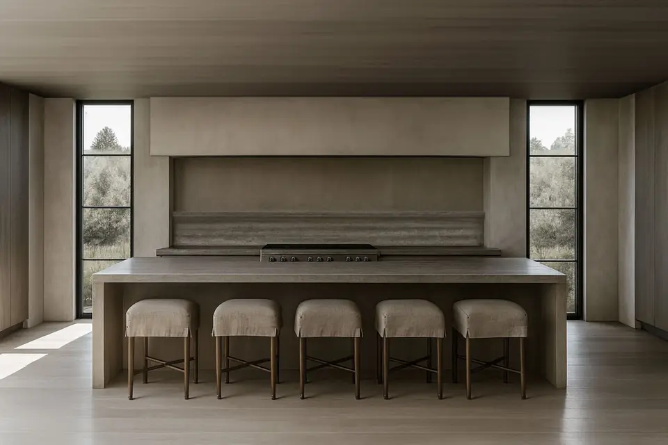 Kitchen, rendering. Belgian Shingle Style, Prince Edward County: long stone-clad island with five linen-slipcovered stools, plaster range hood over a travertine ledge, tall black-framed windows and pale oak floors