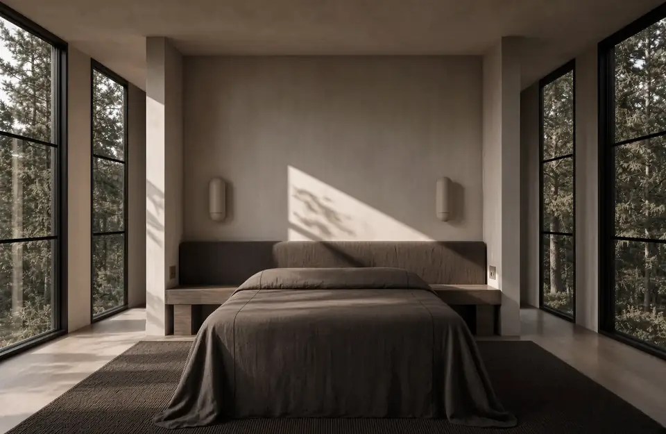 Bedroom, rendering. Belgian Shingle Style, Prince Edward County: low upholstered headboard, bench nightstands, warm plaster walls, pill-shaped sconces and floor-to-ceiling black-framed windows onto pine forest