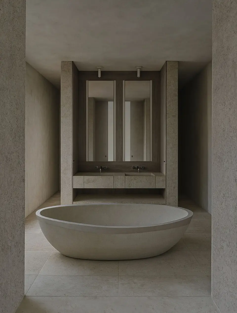 Master bath, rendering. Belgian Shingle Style, Prince Edward County: stone oval tub and double vanity