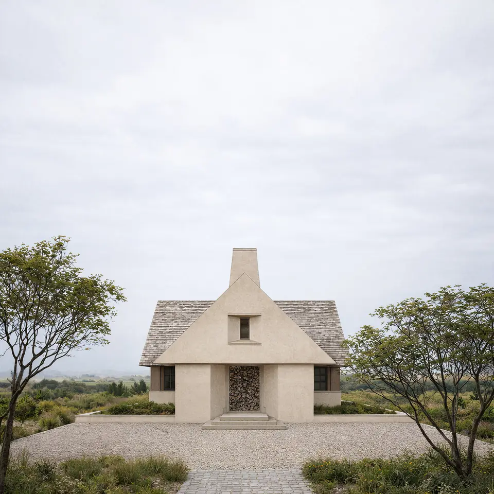 Guest house, rendering. Belgian Shingle Style, Prince Edward County: gabled plaster cottage with a stacked firewood entry