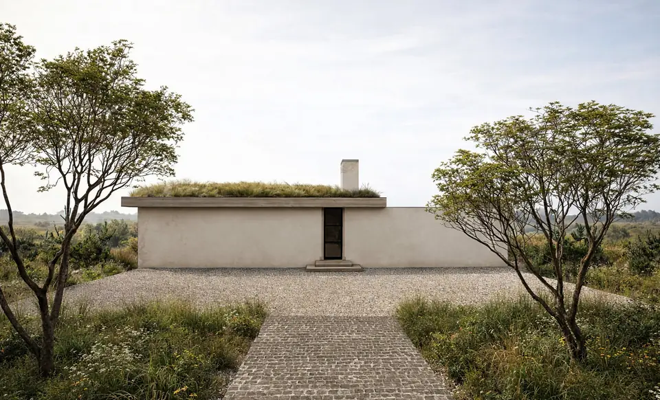 Guest pavilion, rendering. Belgian Shingle Style, Prince Edward County: low plaster pavilion with a green roof