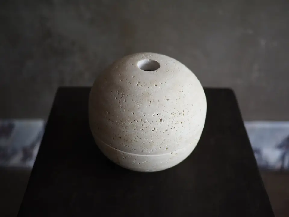 Sphere Censer by Brendan Tadler, solid unfilled travertine