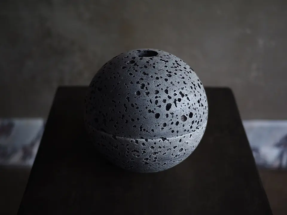 Sphere Censer by Brendan Tadler, solid unfilled travertine, view 2