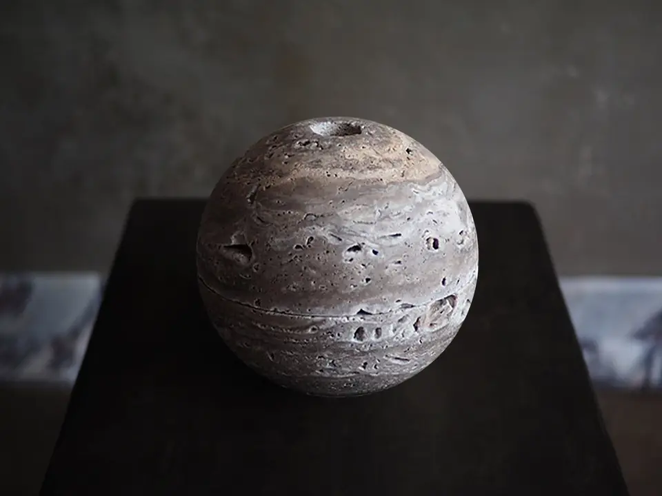 Sphere Censer by Brendan Tadler, solid unfilled travertine, view 3