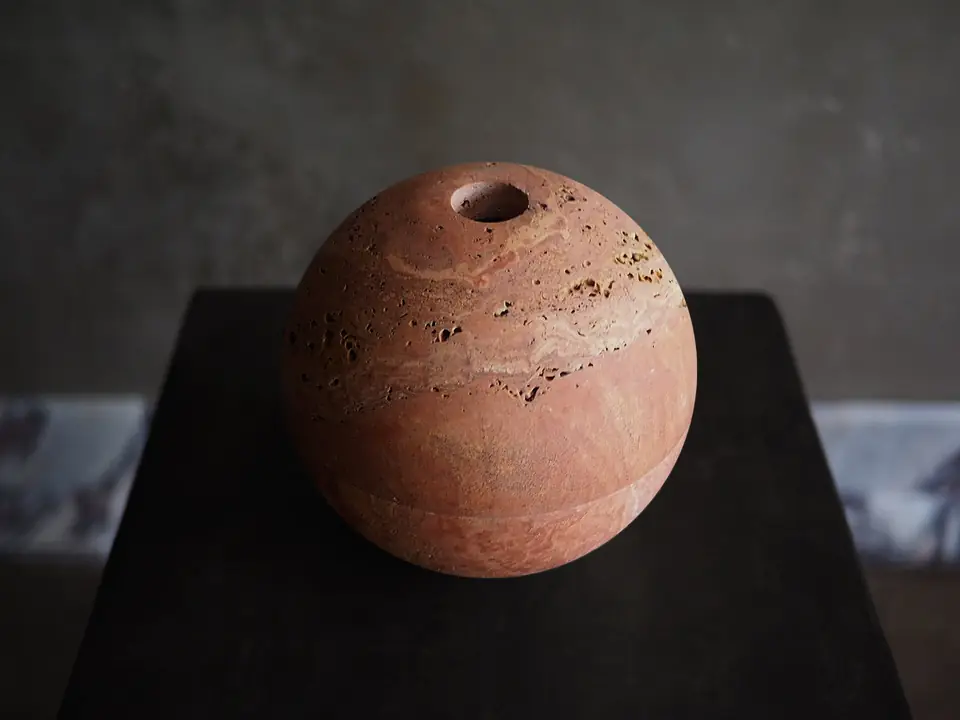 Sphere Censer by Brendan Tadler, solid unfilled travertine, view 4